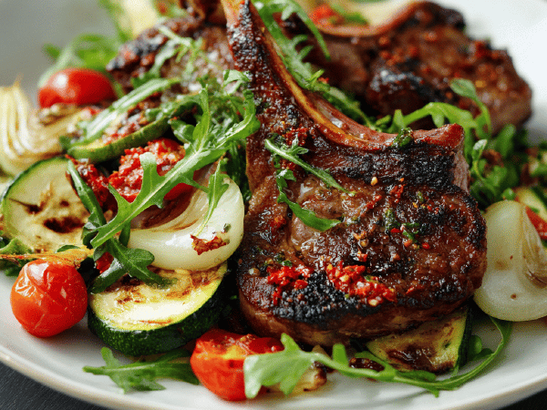 Perfect Grilled Lamb with Harissa and Roasted Vegetable Salad